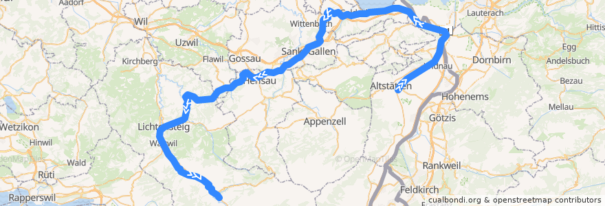 Mapa del recorrido S2: Altstätten SG => Nesslau-Neu St. Johann de la línea  en San Galo.