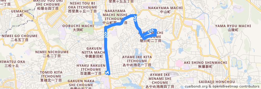 Mapa del recorrido 学園前朝日町循環 (Gakuemmae Asahi-cho Loop Line) de la línea  en 奈良市.