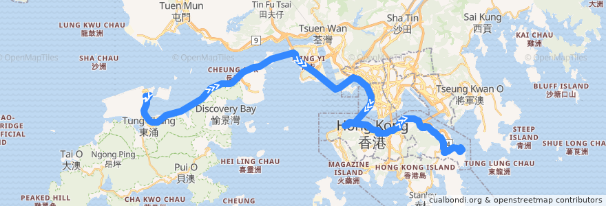 Mapa del recorrido 城巴機場快線A12線 Cityflyer A12 (機場 Airport → 小西灣（藍灣半島） Siu Sai Wan (Island Resort)) de la línea  en 香港 Hong Kong.