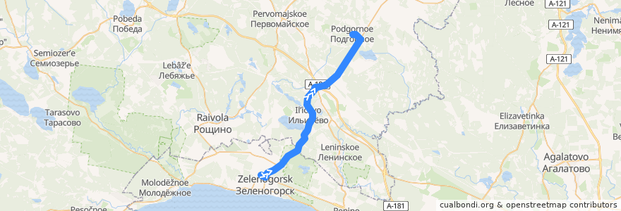 Mapa del recorrido Автобус № 404: Зеленогорск, вокзал => Подгорное de la línea  en Óblast de Leningrado.