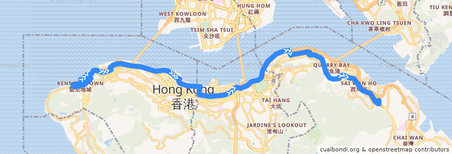 Mapa del recorrido Bus 18X (Kennedy Town (Belcher Bay) → Shau Kei Wan) de la línea  en 香港島.