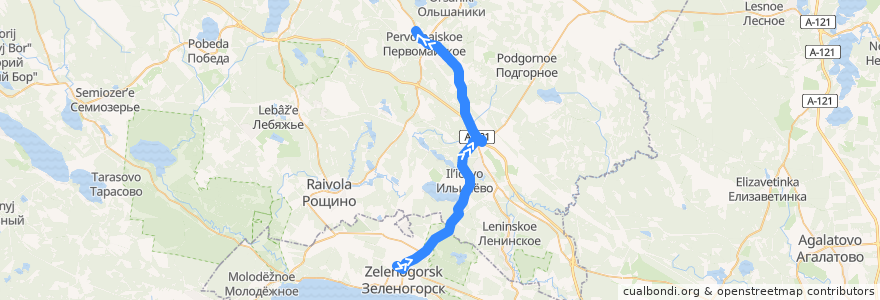 Mapa del recorrido Автобус № 410: Зеленогорск, вокзал => Первомайское de la línea  en Oblast' di Leningrado.