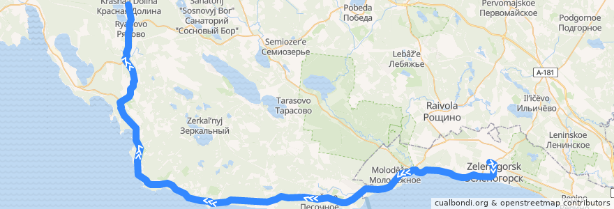 Mapa del recorrido Автобус № 420: Зеленогорск, вокзал => Красная долина de la línea  en Oblast Leningrad.