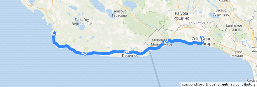 Mapa del recorrido Автобус № 420А: Зеленогорск, вокзал => Озерки de la línea  en Oblast' di Leningrado.