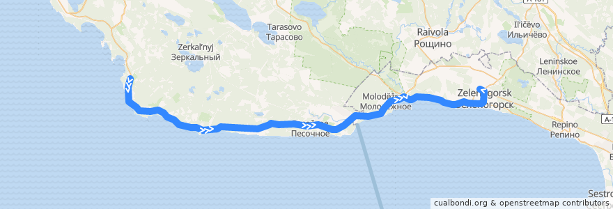 Mapa del recorrido Автобус № 420А: Озерки => Зеленогорск, вокзал de la línea  en Leningrad Oblast.