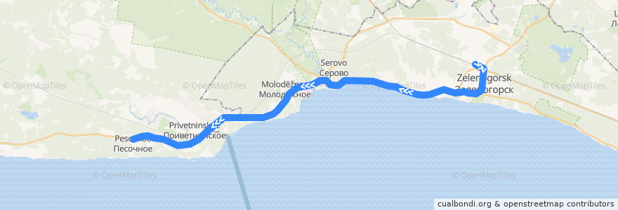 Mapa del recorrido Автобус № 213: Зеленогорск, вокзал => Приморское шоссе, 21-й километр de la línea  en Leningrad Oblast.