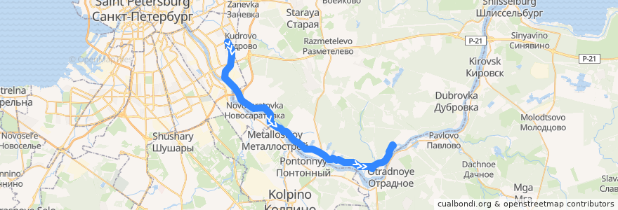 Mapa del recorrido Автобус № 692А: станция метро "Улица Дыбенко" => д. Оранжерейка de la línea  en Ленинградская область.