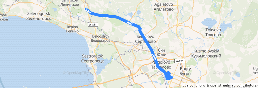 Mapa del recorrido Автобус № 555: 45-й километр => Санкт-Петербург, улица Жени Егоровой de la línea  en Óblast de Leningrado.