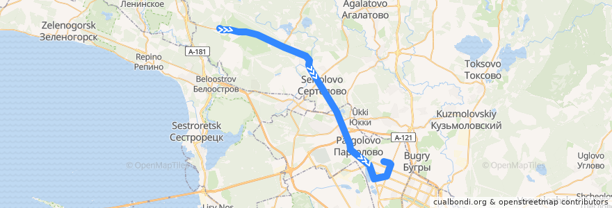 Mapa del recorrido Автобус № 439: Сады => станция метро "Парнас" de la línea  en Óblast de Leningrado.