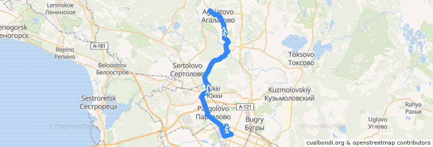 Mapa del recorrido Автобус № 433: Санкт-Петербург, улица Жени Егоровой => Агалатово de la línea  en Oblast Leningrad.