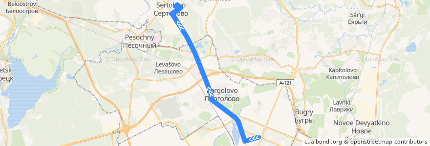 Mapa del recorrido Автобус № 555А: станция метро "Проспект Просвещения" > Сертолово, улица Ларина de la línea  en Ленинградская область.