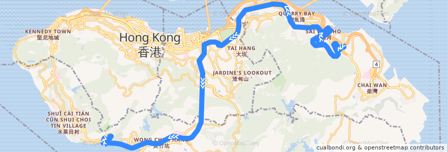 Mapa del recorrido Bus 77 (Shau Kei Wan → Tin Wan) de la línea  en 香港島 Hong Kong Island.