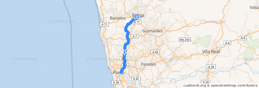 Mapa del recorrido Comboio Intercidades: Braga => Lisboa (Santa Apolónia) de la línea  en 포르투갈.