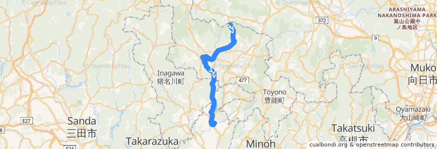 Mapa del recorrido 77: 豊中センター前→山下駅前 de la línea  en Japão.