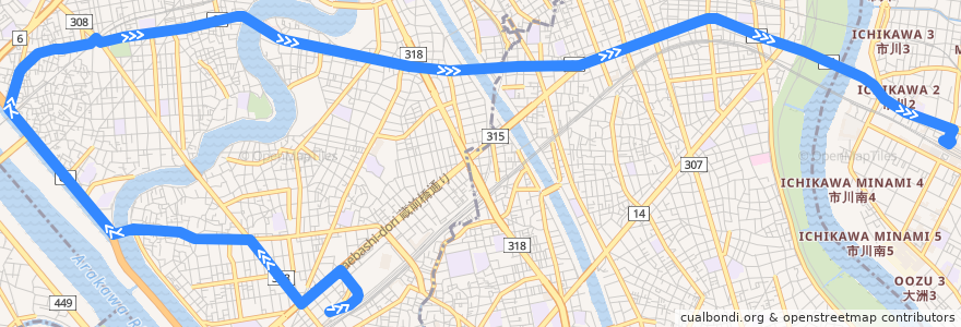 Mapa del recorrido 四ツ木線 de la línea  en Токио.