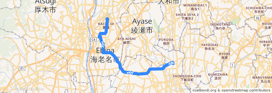 Mapa del recorrido 長16 海老名駅東口行 de la línea  en كاناغاوا.