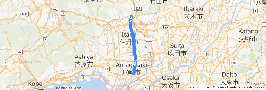 Mapa del recorrido 56: 阪神尼崎→阪急川西能勢口 de la línea  en Хёго.