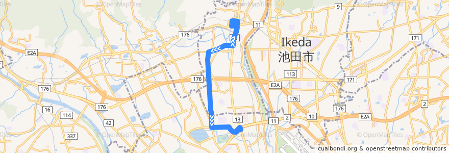 Mapa del recorrido 61: 阪急川西能勢口～北村 de la línea  en 효고현.