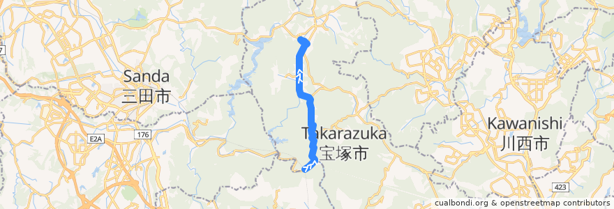 Mapa del recorrido 16: JR武田尾→阪急田園バス本社前 de la línea  en Takarazuka.