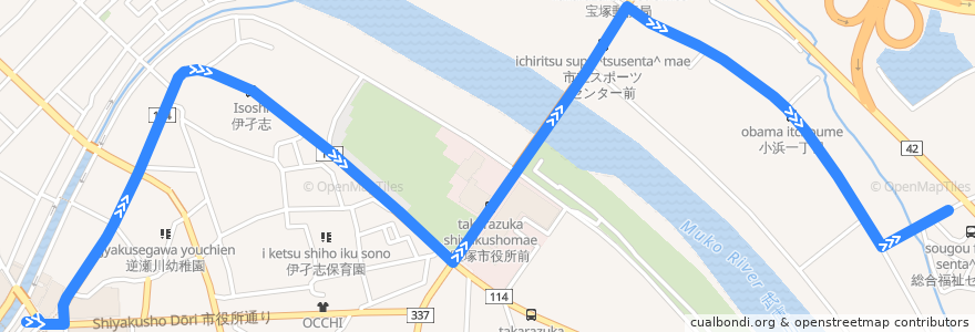 Mapa del recorrido 80: 阪急逆瀬川→総合福祉センター前 de la línea  en Takarazuka.