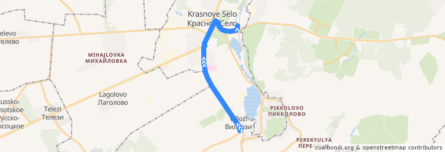 Mapa del recorrido Автобус № 477: Виллози => ж/д станция Красное село de la línea  en Санкт-Петербург.