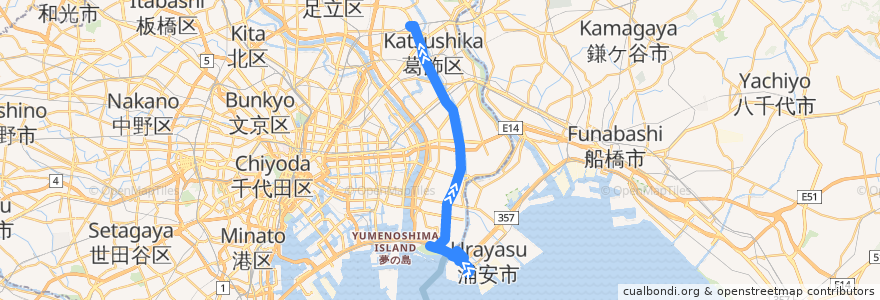 Mapa del recorrido シャトル☆セブン 東京ディズニーシー バス・ターミナル -> 亀有駅 de la línea  en 日本.