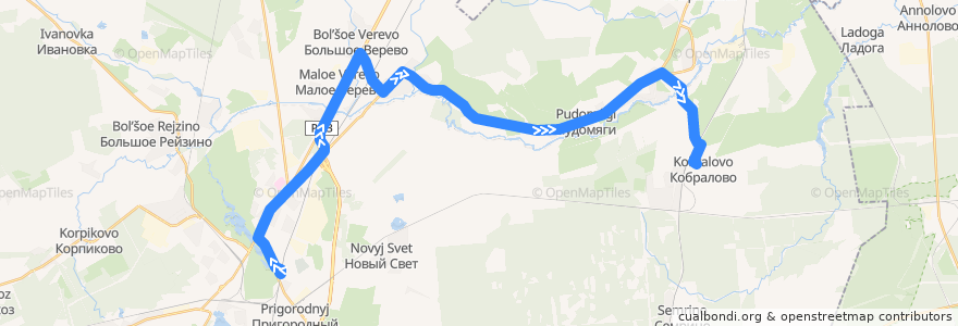 Mapa del recorrido Автобус № 527: Гатчина, Варшавский вокзал => Кобралово de la línea  en Гатчинский округ.