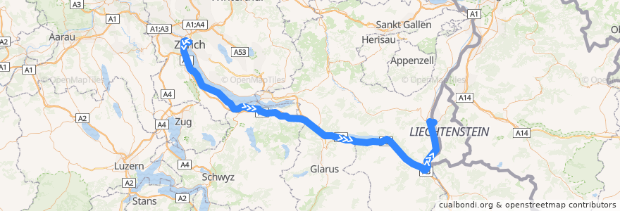 Mapa del recorrido railjet Zürich – Wien de la línea  en 瑞士.