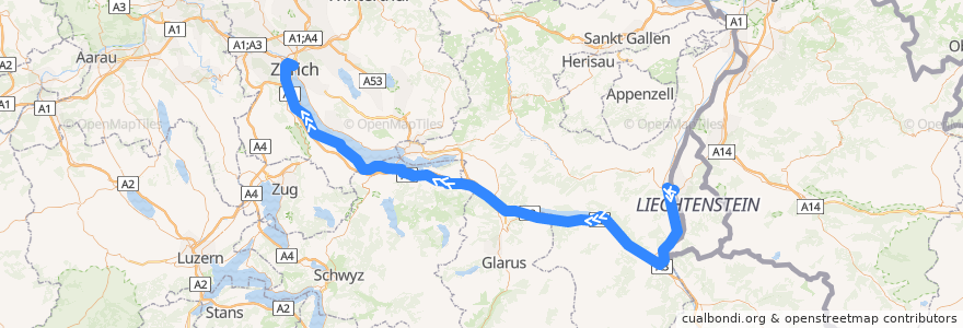 Mapa del recorrido railjet Wien – Zürich de la línea  en سويسرا.