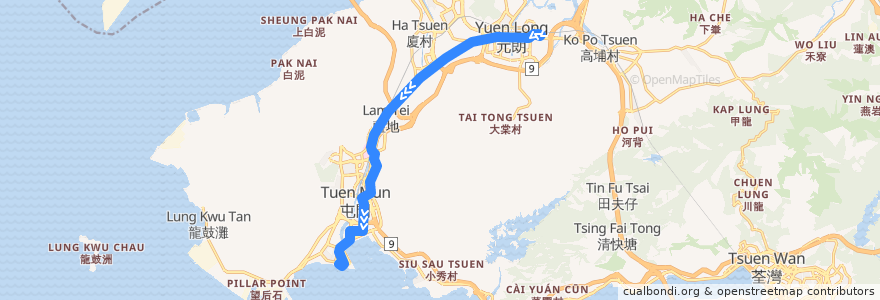 Mapa del recorrido 輕鐵614綫 Light Rail 614 (元朗 Yuen Long → 屯門碼頭 Tuen Mun Ferry Pier) de la línea  en 香港 Hong Kong.