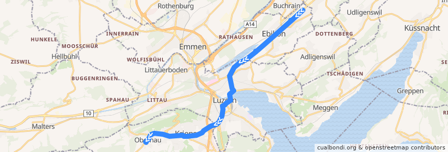 Mapa del recorrido Bus 1: Ebikon, Fildern => Kriens, Obernau de la línea  en Luzern.