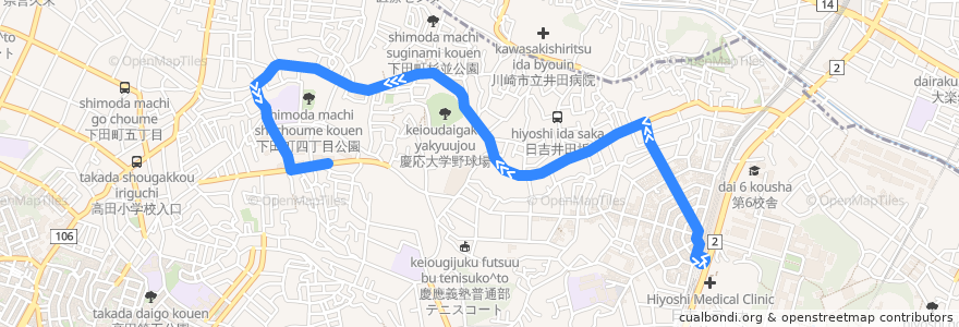 Mapa del recorrido 日吉線 de la línea  en یوکوهاما.