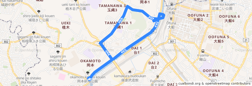 Mapa del recorrido 大船34系統 de la línea  en 镰仓.