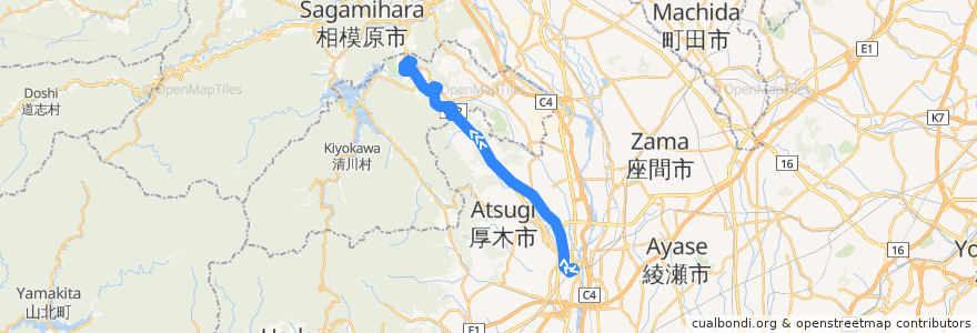 Mapa del recorrido 厚木01系統 de la línea  en Kanagawa Prefecture.