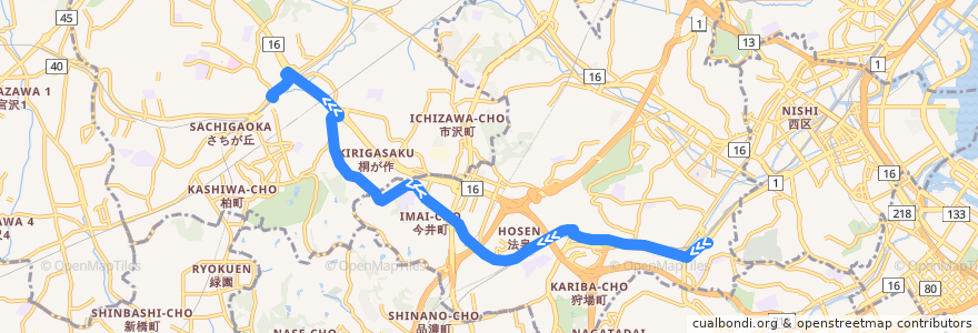 Mapa del recorrido 旭4 保土ヶ谷駅東口 →保土ヶ谷バイパス経由二俣川駅北口行き de la línea  en Yokohama.
