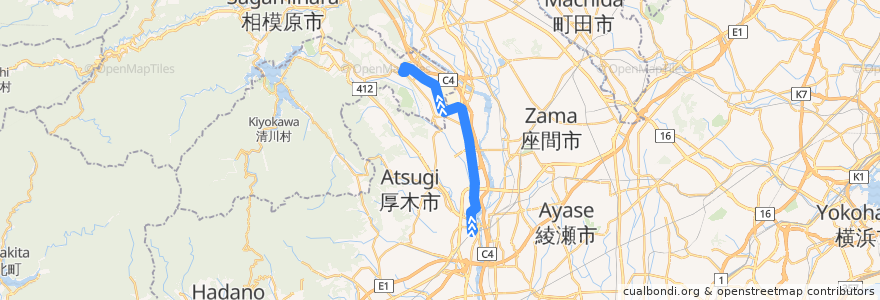 Mapa del recorrido 厚木63系統 de la línea  en Kanagawa Prefecture.