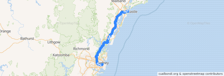 Mapa del recorrido Central Coast & Newcastle Line de la línea  en 新南威尔士州.