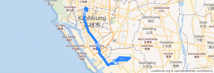 Mapa del recorrido 12A(往程) de la línea  en 가오슝시.