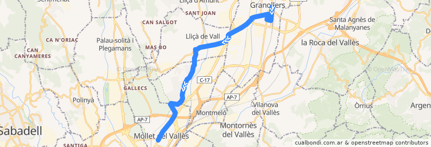 Mapa del recorrido bus 330 Granollers - Mollet de la línea  en Vallés Oriental.
