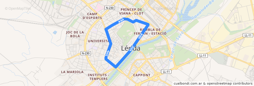 Mapa del recorrido Interior de la línea  en Lérida.