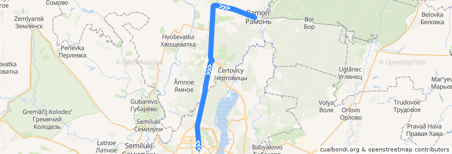 Mapa del recorrido Автобус №111: Воронеж - Рамонь de la línea  en Воронежская область.