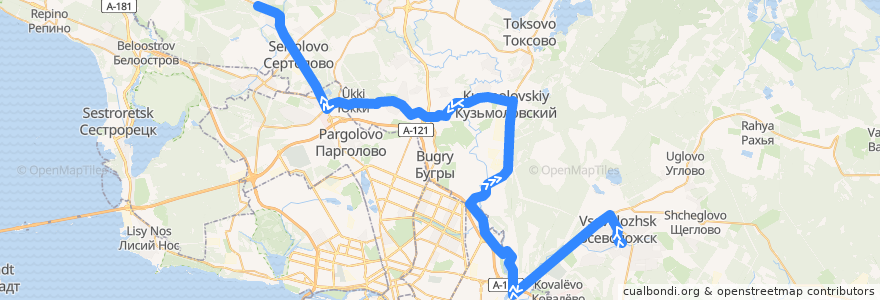 Mapa del recorrido Автобус № 625: ж/д платформа "Всеволожская" => Чёрная речка de la línea  en Ленинградская область.