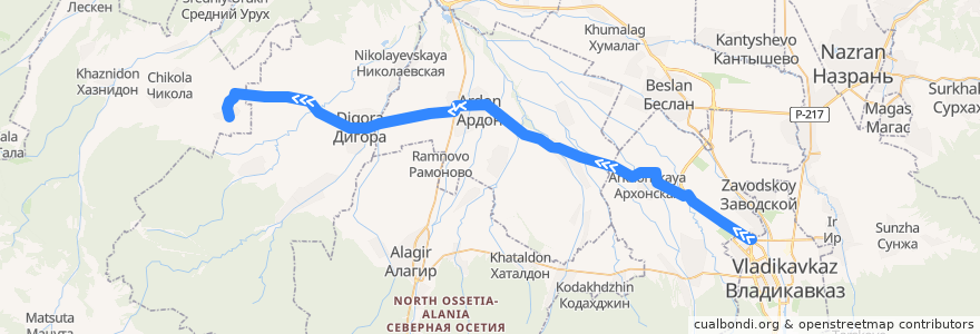Mapa del recorrido №251 г.Владикавказ-с.Сурх-Дигора (прямой) de la línea  en أوسيتيا الشمالية-ألانيا.