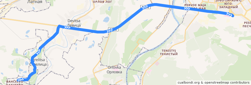 Mapa del recorrido Автобус №108: Бахчеева - Воронеж ЮЗАВ de la línea  en Воронежская область.