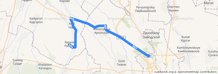 Mapa del recorrido №120 с.Рассвет-г.Владикавказ (прямой) de la línea  en Ossetia Utara-Alania.