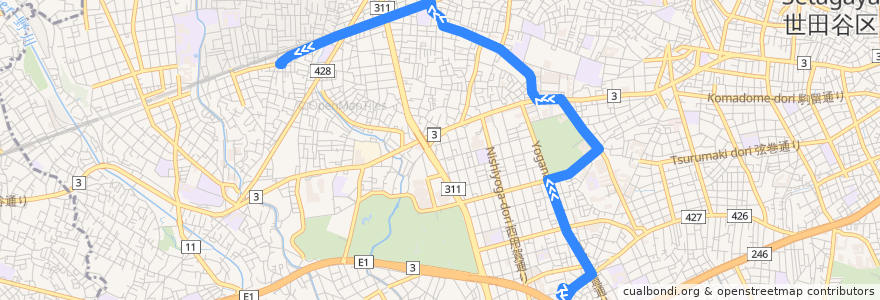 Mapa del recorrido 用賀線 de la línea  en 世田谷區.