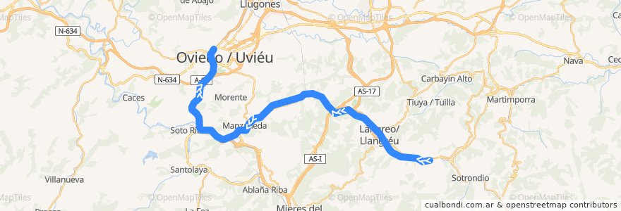 Mapa del recorrido Línea C2 El Entrego - Oviedo de la línea  en Asturias.