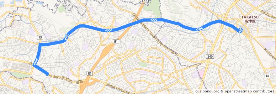 Mapa del recorrido 柿生線 溝口駅南口 => 菅生車庫 de la línea  en 川崎市.