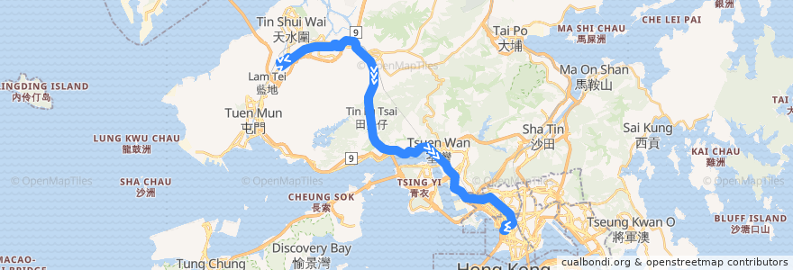 Mapa del recorrido 九巴68X線 KMB 68X (洪水橋（洪福邨） Hung Shui Kiu (Hung Fuk Estate) → 旺角（柏景灣） Mong Kok (Park Avenue)) de la línea  en 香港 Hong Kong.