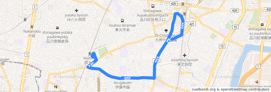 Mapa del recorrido 大井町線【東急バス・井０５系統】大井町駅⇔西大井駅 de la línea  en 品川区.